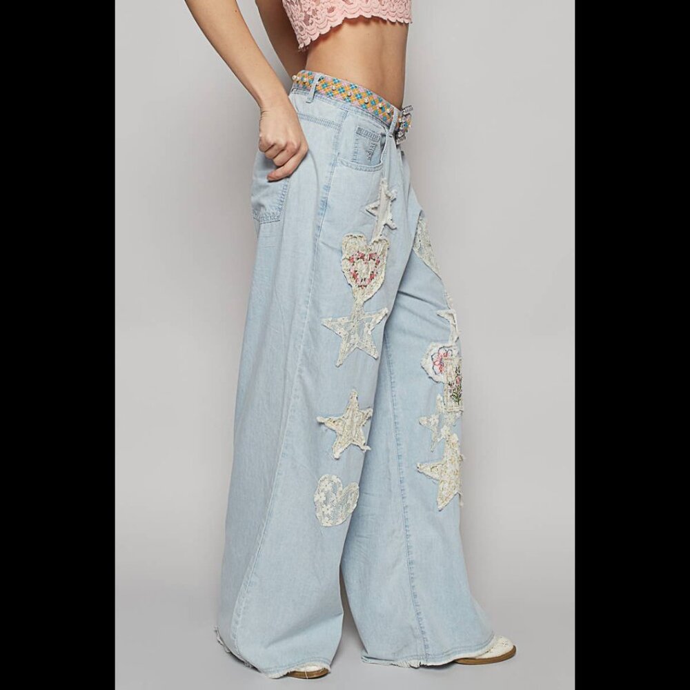 🆕Pol Star Heart Lace Patchwork Blue Denim Wide Leg Pants Size Medium - Picture 3 of 12